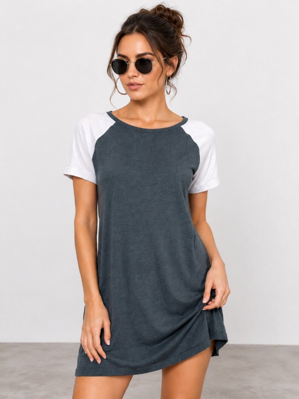 Grey White Baseball Sleeve T Shirt Dress Casual NWT